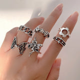 Bohemian Gold Color Chain Rings Set For Women Fashion Boho Moon Heart Butterfly Zircon Rings Party Trend Jewelry Gift