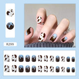 Mtcytea  24Pcs Fashion Short Round Head Fake press on Nail Cute MilkTea Color Shiny Gold Foil Blooming Gradient artificial nail with glue