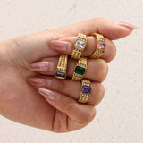 Braid Texture Side 3A Zirconia Paved Black White Pink Green Purple Gem Ring 18k Gold Plated Vintage Statement Ring