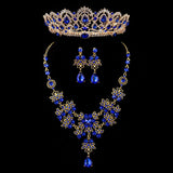 Mtcytea 3PCS Baroque Vintage Red Blue Crystal Bridal Jewelry Sets Rhinestone Tiaras Crown Necklace Earrings Set Wedding Accessory