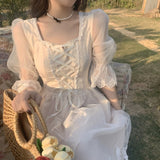 French Vintage Midi Dress Women Lace Elegant Princess Party Fairy Dress Female Spring Casual Korean Wedding Victorian Dress