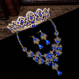 Mtcytea 3PCS Baroque Vintage Red Blue Crystal Bridal Jewelry Sets Rhinestone Tiaras Crown Necklace Earrings Set Wedding Accessory