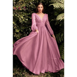 Pink Prom Dress Long Sleeves Chiffon V Neck A Line Empire Waist Floor Length Pleats Evening Party Gown Elegant Custom Made