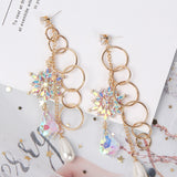 New Korean shiny Crystal flowers Trendy Women Drop Earrings senior long geometric metal circular fine pearl Earrings