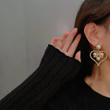 New Fashion Korean Oversized White Pearl Drop Earrings for Women Bohemian Golden Heart Zircon Wedding Earrings Jewelry Gift