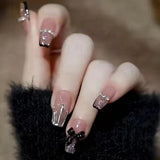 Mtcytea 24PCS Glitter Press On Nails Korean Style Heart Rhinestone Design Coffin Fake Nails Full Cover Acrylic Nails Tips for girls Gift