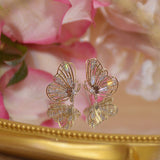 14k Real Gold Luxury Hollow Butterfly Women Earring Bling Crystal Zircon Dazzling Stud Earring Wedding Engagement Jewelry Gift