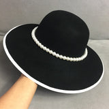 Formal Wide Brim White Black Flower Fedora Hat Pearls Band 100% Wool Felt Floppy Ladies Wedding Church Hat Porkpie Trilby Hat