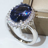 Classic Sea Blue Crystal Ring For Women European and American Vintage Thai Silver Color Oval Hand Jewelry Accessories