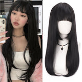 Synthetic Long straight hair black comic bangs girl wig natural bangs cosplay Lolita party Heat-resistant wig