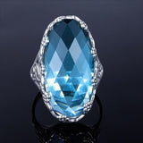 Classic Sea Blue Crystal Ring For Women European and American Vintage Thai Silver Color Oval Hand Jewelry Accessories