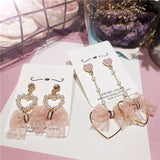 Korean Handmade Pink Lace Bow-Knot Princess Female Dangle Earrings For Women Fashion Imitation Pearl Heart Drop Jewelry