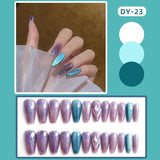 Mtcytea 24pcs Shiny Crystal Ballerina Press on Nail Cat Eye False Nail Patch Full Finished Purple Blue Glitter Wearable Manicure Tips