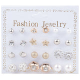 New Fashion Women 9pair/set Flower Pearl Alloy Ear Earring Cute Crystal Wedding Jewelry Gifts For Girl korean fashion