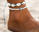 Mtcytea Boho Ocean Beach Adjustable String Macrame Mussel Sea Shell Cowrie Ankle Bracelet White Beads Turtle Anklets for Women