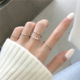 5pcs Korean Simple Design Wavy Ring Set For Women Personality Temperament Mini Pearl Elegant Lovely Circle Ring Gold Color