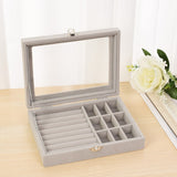 Velvet Gray Carrying Case with Glass Cover Jewelry Ring Display Box Tray Holder Storage Box Organizer Earrings Ring Bracelet