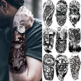 Black Forest Tattoo Sticker For Men Women Children Tiger Wolf Death Skull Temporary Tattoo Fake Henna Skeleton King Animal Tatoo