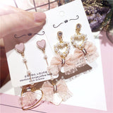 Korean Handmade Pink Lace Bow-Knot Princess Female Dangle Earrings For Women Fashion Imitation Pearl Heart Drop Jewelry