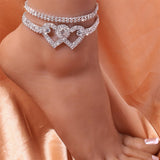 Ins Fashion Silver Color Rhinestone Double Heart Anklet for Women Bling Hollow Out Love Foot Ankle Leg Bracelet Chain Jewelry