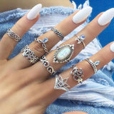 Mtcytea Bohemian Opal Stone Rings Sets For Women Antique Silver Color Carving Knuckle Ring Female Fashion Jewelry