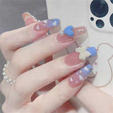 Mtcytea 24PCS Glitter Press On Nails Korean Style Heart Rhinestone Design Coffin Fake Nails Full Cover Acrylic Nails Tips for girls Gift