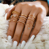 Bohemian Wave Flower Rings Set For Women Vintage Geometric Pearl Butterfly Metal Chain Knuckle Rings Trendy Jewelry Gift