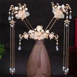 FORSEVEN Chinese Hair Accessories Women Flower Pearls Hairpins Long Tassel Headpieces Sticks Hair Comb Bridal Jewelry Sets