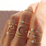 Bohemian Gold Color Chain Rings Set For Women Fashion Boho Moon Heart Butterfly Zircon Rings Party Trend Jewelry Gift