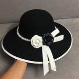 Formal Wide Brim White Black Flower Fedora Hat Pearls Band 100% Wool Felt Floppy Ladies Wedding Church Hat Porkpie Trilby Hat