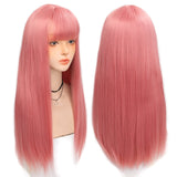 Long straight hair wig synthetic pink bangs Cosplay wig ladies synthetic bangs wig