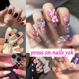 Mtcytea 24pcs Kawaii Press on Nails y2k False Nails Set Rhinestone Acrylic Artificial Nails with Design Reusable french Long Fake Tips