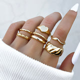 Mtcytea Punk Rings Set For Women Boho Knuckle Pearl Heart Ring Female Bohemian Flower Metal Joint Ring Jewelry Accessories 10PCS