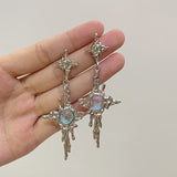 Irregular Liquid Metal Cross Moonstone Dangle Earrings Young Girl Trend Metal Cross Moonstone Drops Earrings Jewelry Wholesale