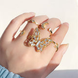 Bohemian Wave Flower Rings Set For Women Vintage Geometric Pearl Butterfly Metal Chain Knuckle Rings Trendy Jewelry Gift