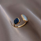 French New Retro Square Blue Oil Dripping Ring Fashion Temperament Simple Opening Ring Women&#39;s Jewelry