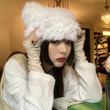 Mtcytea Real Rabbit Fur Winter Hat for Women Knitted Fluffy Beanie Ladies Fashion Solid Color Warm Plush Skull Women's Thick Hat