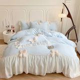 Korean Princess Lace Bow Bedding Set Beauty Solid Color Lace Ruffle Quilt Cover Luxury Girls Wedding Home Textiles