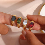 Strong Prong Setting Oval Cutt 3A Zircon Shiny Green Red Black White Stone Ring Stainless Steel 18K Gold Plated Rings For Women