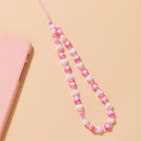 Simple Pink Bear Heart Strawberry Bowknot Flower Acrylic Imitation Pearl Beaded Phone Chain for Women Girls Sweet Accessories