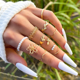 Bohemian Wave Flower Rings Set For Women Vintage Geometric Pearl Butterfly Metal Chain Knuckle Rings Trendy Jewelry Gift