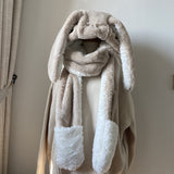 Mtcytea 3 Piece Cap Scarf Oversize Rabbit Ear Thickened Bunny Cap Winter Warm Imitation Fur Plush  All-in-one Hat Pocket Hats Hooded