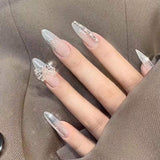 Mtcytea 24PCS Glitter Press On Nails Korean Style Heart Rhinestone Design Coffin Fake Nails Full Cover Acrylic Nails Tips for girls Gift