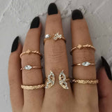 Bohemian Gold Color Chain Rings Set For Women Fashion Boho Moon Heart Butterfly Zircon Rings Party Trend Jewelry Gift