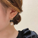 Mtcytea Elegant Lady Black Bow Zircon Ball Pendant Ear Button Korean Fashion Earrings For Woman Girls Party Jewelry Gift Accessories