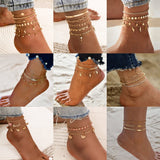 Mtcytea Bohemia Gold Color Chain Ankle Bracelet On Leg Foot Jewelry Boho Beads Key Butterfly Charm Anklet Set For Women Accessories
