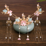 FORSEVEN Chinese Hair Accessories Women Flower Pearls Hairpins Long Tassel Headpieces Sticks Hair Comb Bridal Jewelry Sets