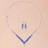 Elegant Blue Rhinestone Crystal Wedding Bridal Jewelry Set for Women Silver Plated V Shape Choker Necklace Earrings Set