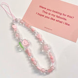 Simple Pink Bear Heart Strawberry Bowknot Flower Acrylic Imitation Pearl Beaded Phone Chain for Women Girls Sweet Accessories