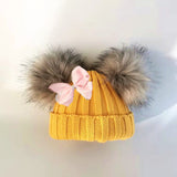 Mtcytea kids winter toddler baby kids faux fur butterfly ribbon tie hat cap beanie with 2 two double pom poms scarf ears hat for girl